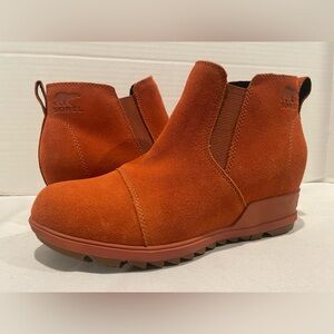 SOREL Evie Burnt Orange Rust Suede Slip On Wedge Ankle Booties Women’s 9 1/2